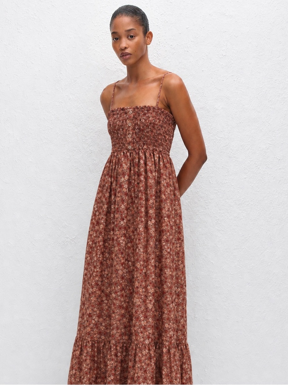 Romantic Desert Rose Floral Maxi Dress - Cottagecore Brown Pink Boho Dress - S